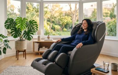 Fauteuil massant haut de gamme dans un salon moderne lumineux, illustration de l'investissement bien-être à domicile.