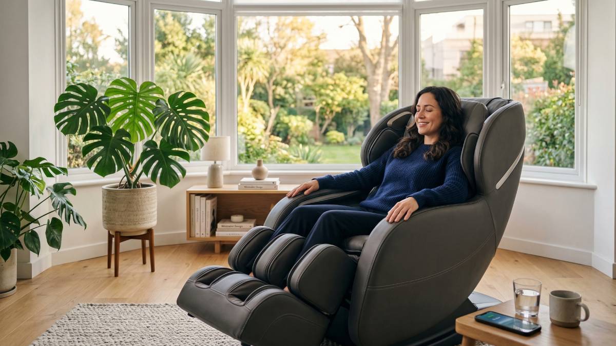 Fauteuil massant haut de gamme dans un salon moderne lumineux, illustration de l'investissement bien-être à domicile.
